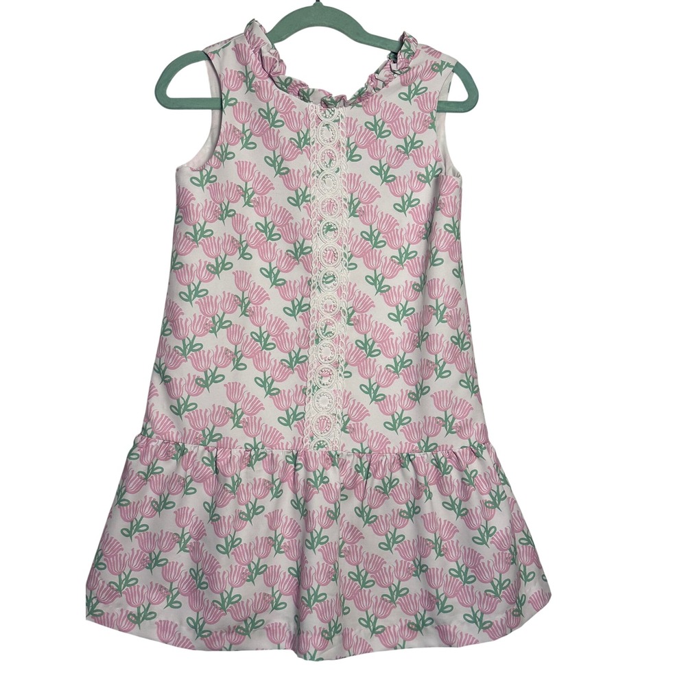 J Bailey Kids Dress Size 7 Pink Green Floral‎ Ruffle Lace Trim Sleeveless Cotton